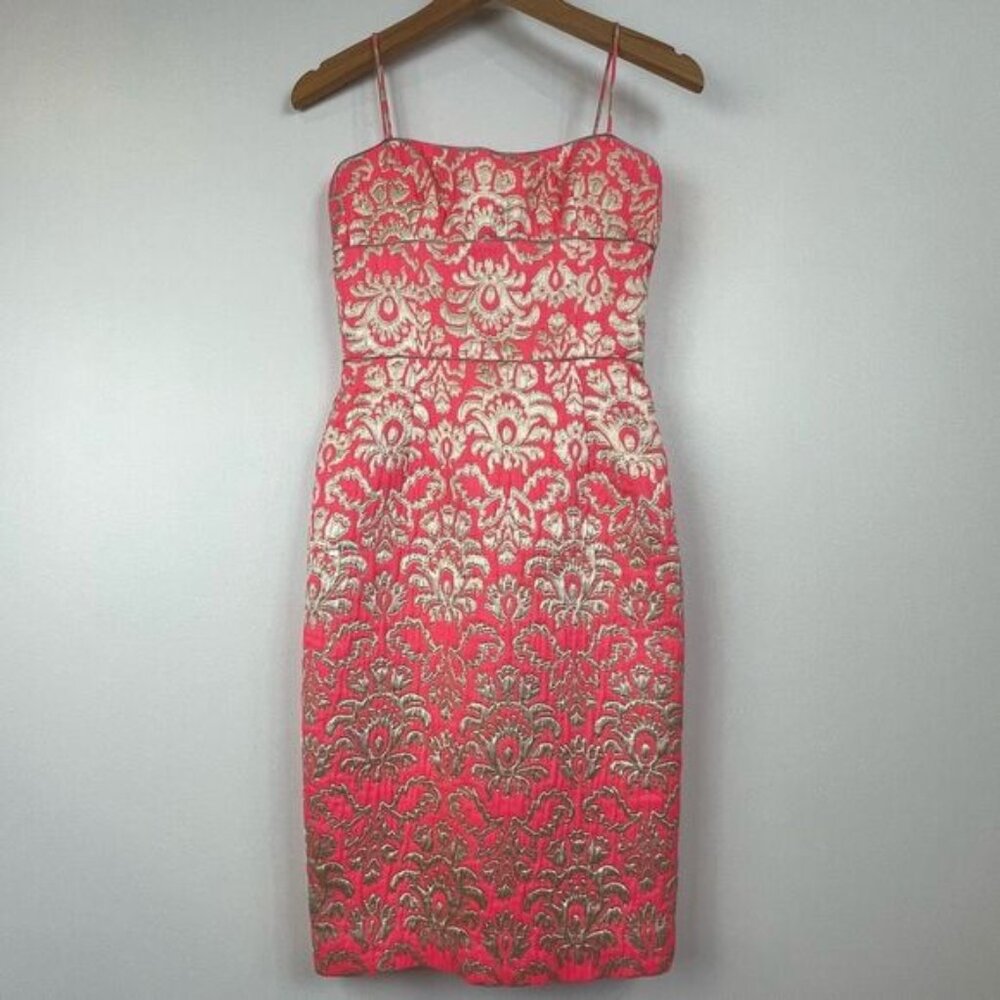 Vintage David Meister Women’s 4 Pink & Gold Cocktail Mini Dress Spaghetti Strap
